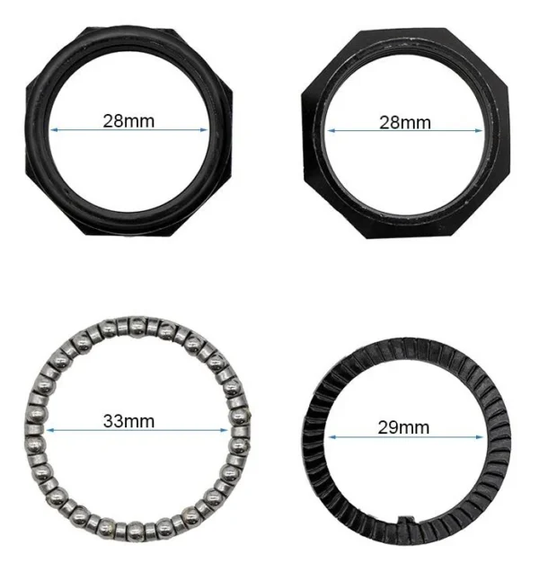 Les quatre pièces du kit de direction Mi4 GO vues de face, diamètres cotés Les quatre pièces du kit de direction Mi4 GO vues de face, diamètres cotés
