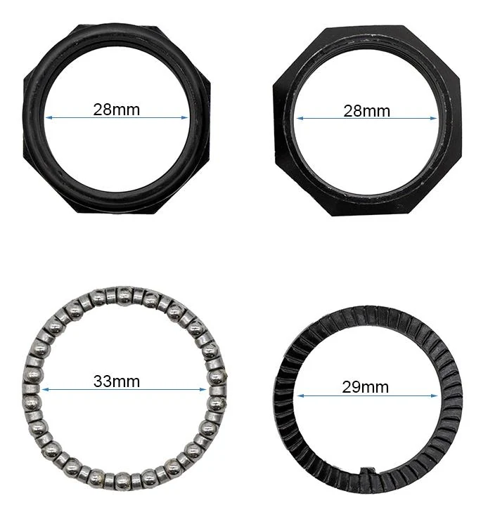 Les quatre pièces du kit de direction Mi4 GO vues de face, diamètres cotés