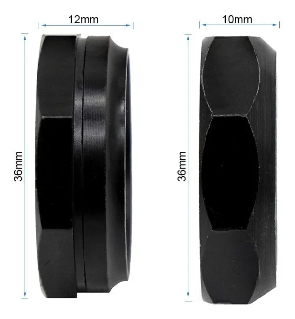 Plan coté des deux bagues octogonales de profil : 36 mm hors-tout, 12 mm et 10 mm Plan coté des deux bagues octogonales de profil : 36 mm hors-tout, 12 mm et 10 mm