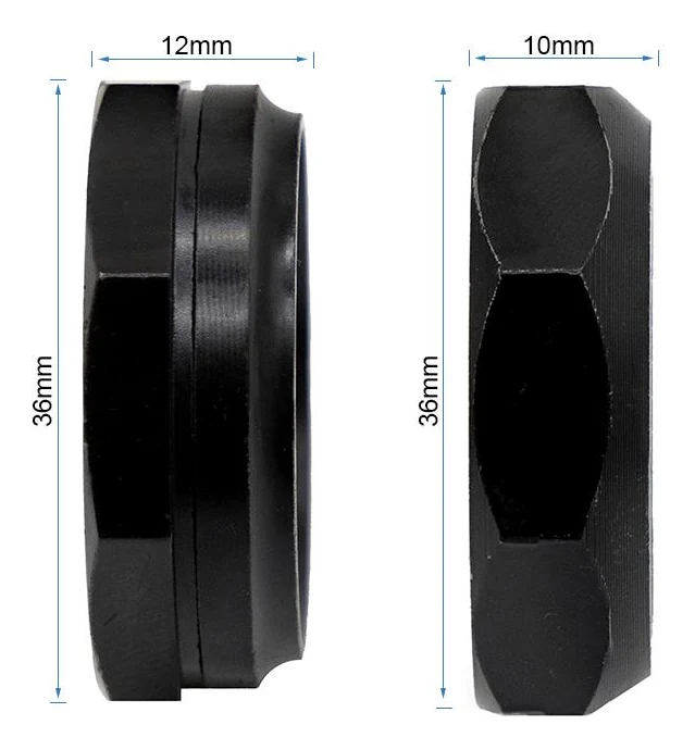 Plan coté des deux bagues octogonales de profil : 36 mm hors-tout, 12 mm et 10 mm