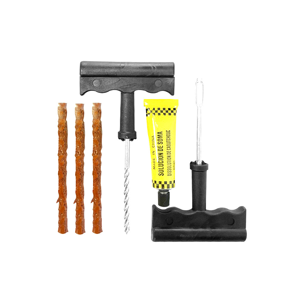 Kit de réparation à mèches pour pneu tubeless : trois mèches, râpe hélicoïdale, outil poseur à chas et tube de dissolution