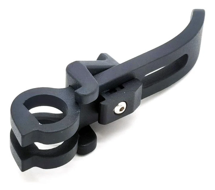 Levier de pliage noir vu de trois quarts, avec sa bague fendue et sa vis de réglage