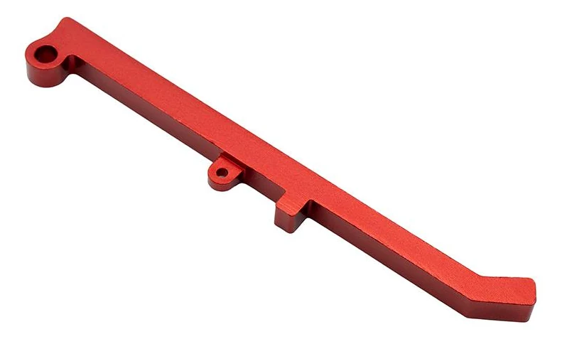 Barrette de pliage rouge vue de trois quarts, avec son œillet d'axe et son ergot percé