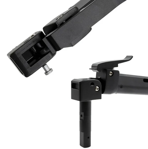 Détails du mât Kukirin G3 : articulation à vis moletée et embase de pliage avec son axe inférieur Détails du mât Kukirin G3 : articulation à vis moletée et embase de pliage avec son axe inférieur
