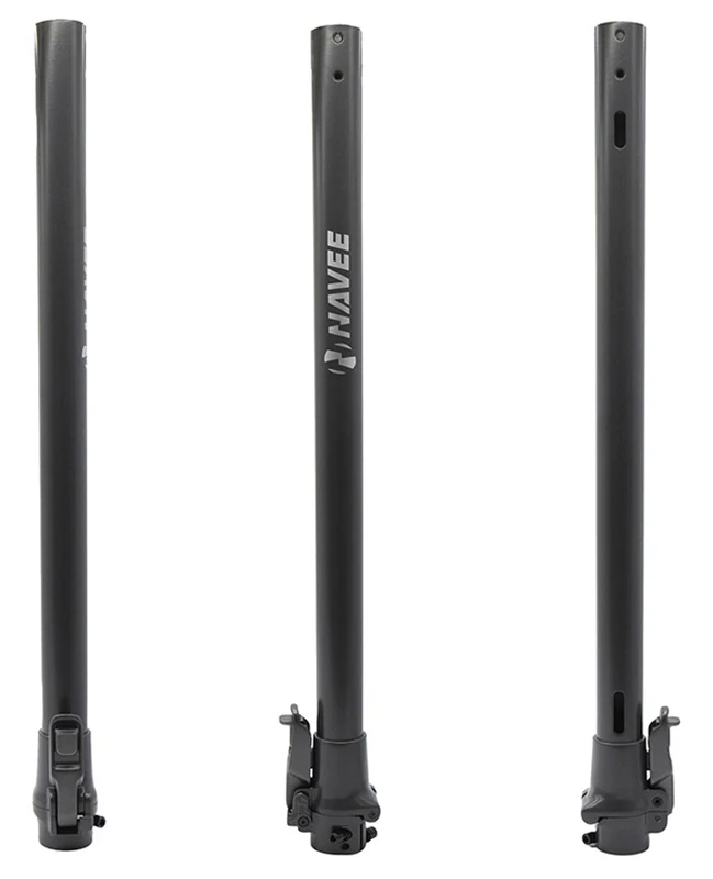 Mât de direction NAVEE N20 vu sous trois angles, tube droit noir et collier de pliage à levier