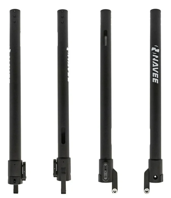 Mât de direction NAVEE N65 vu sous quatre angles, tube droit noir et pied à verrou coulissant Mât de direction NAVEE N65 vu sous quatre angles, tube droit noir et pied à verrou coulissant