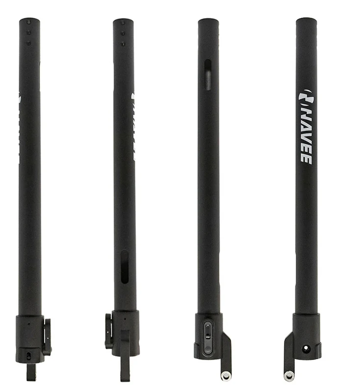 Mât de direction NAVEE N65 vu sous quatre angles, tube droit noir et pied à verrou coulissant