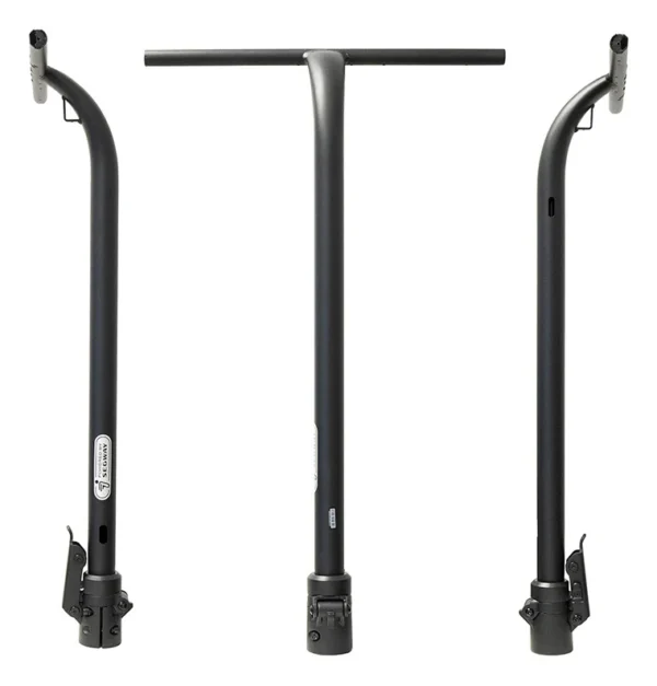 Mât de direction Ninebot E2 vu de profil et de face, tube coudé avec barre de guidon en T Mât de direction Ninebot E2 vu de profil et de face, tube coudé avec barre de guidon en T