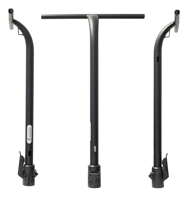 Mât de direction Ninebot E2 vu de profil et de face, tube coudé avec barre de guidon en T