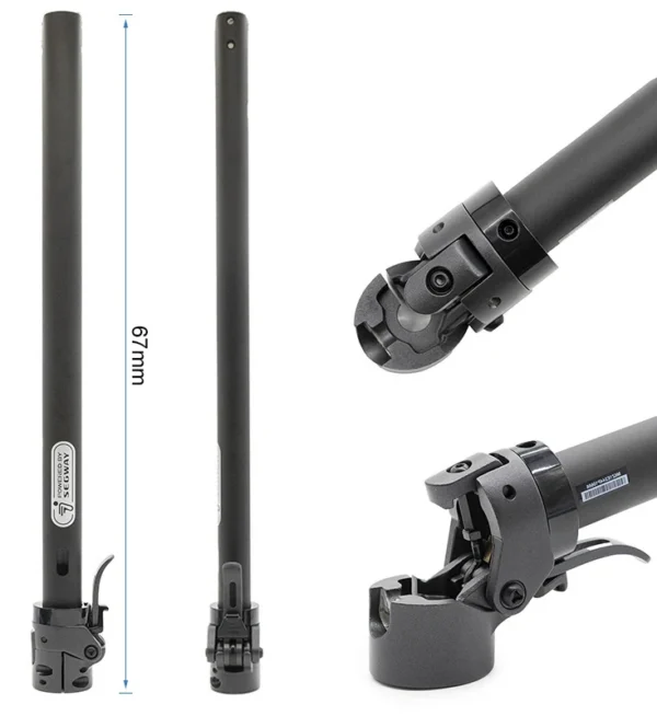 Plan coté du mât Ninebot F2 Pro : 67 cm de longueur totale et gros plans sur la charnière Plan coté du mât Ninebot F2 Pro : 67 cm de longueur totale et gros plans sur la charnière