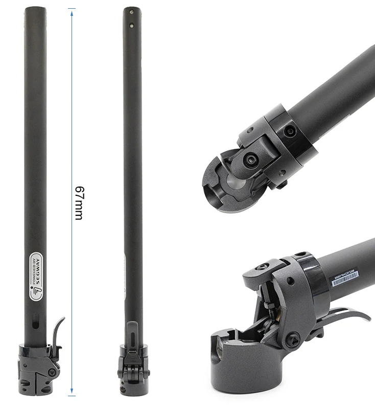 Plan coté du mât Ninebot F2 Pro : 67 cm de longueur totale et gros plans sur la charnière
