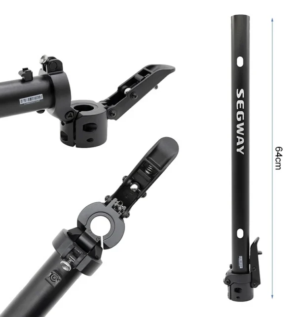 Cote de 64 cm portée sur le mât Ninebot F3, avec gros plans du collier articulé et de son levier