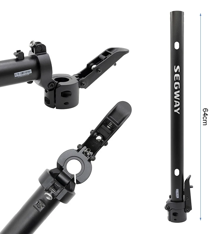 Cote de 64 cm portée sur le mât Ninebot F3, avec gros plans du collier articulé et de son levier