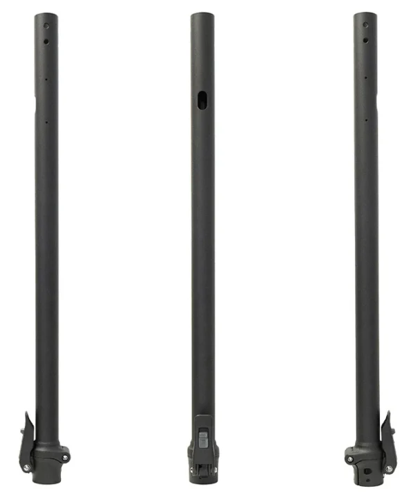 Mât de direction NIU KQi100 vu sous trois angles, tube droit noir et charnière de pliage