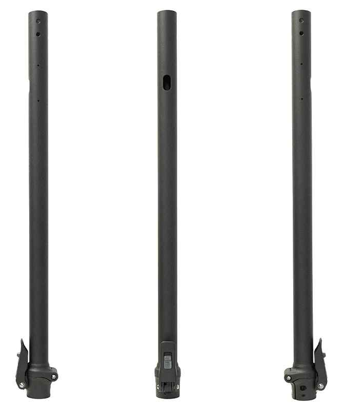 Mât de direction NIU KQi100 vu sous trois angles, tube droit noir et charnière de pliage