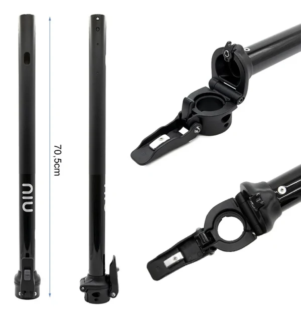 Cote de 70,5 cm portée sur le mât NIU KQi3 Max, avec deux gros plans de la charnière de pliage Cote de 70,5 cm portée sur le mât NIU KQi3 Max, avec deux gros plans de la charnière de pliage