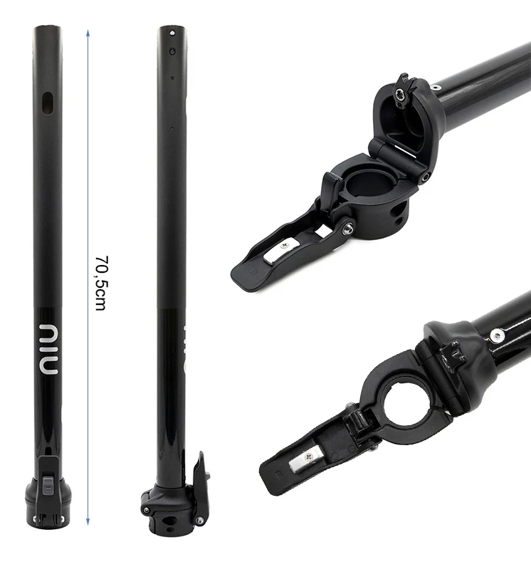 Cote de 70,5 cm portée sur le mât NIU KQi3 Max, avec deux gros plans de la charnière de pliage