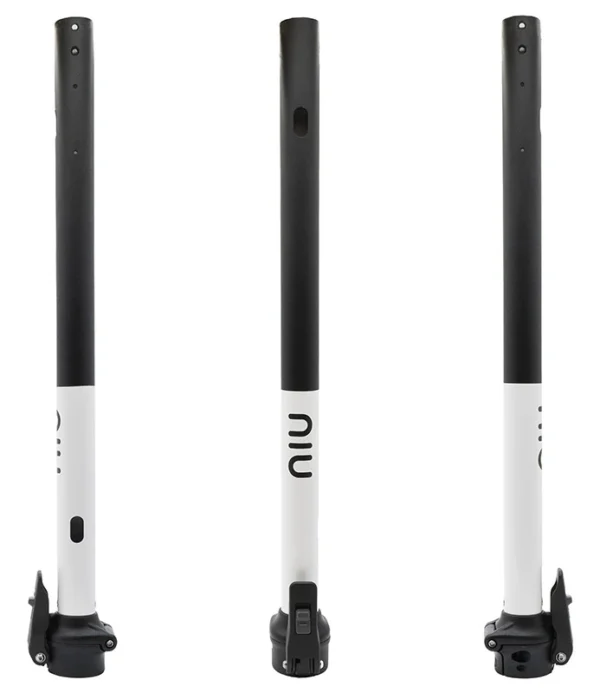 Mât de direction NIU KQi3 Sport vu sous trois angles, tube noir en haut et blanc en bas