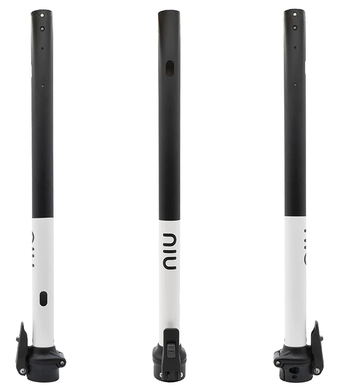 Mât de direction NIU KQi3 Sport vu sous trois angles, tube noir en haut et blanc en bas