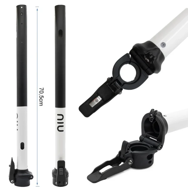Cote de 70,5 cm portée sur le mât NIU KQi3 Sport, avec deux gros plans de la charnière de pliage