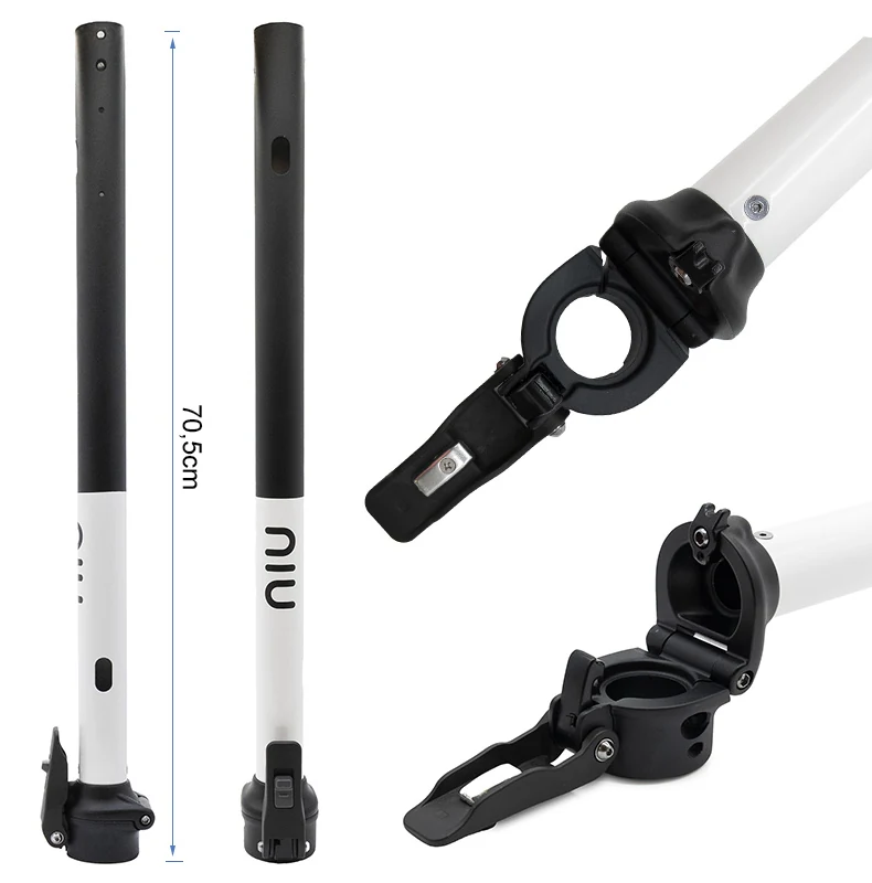 Cote de 70,5 cm portée sur le mât NIU KQi3 Sport, avec deux gros plans de la charnière de pliage