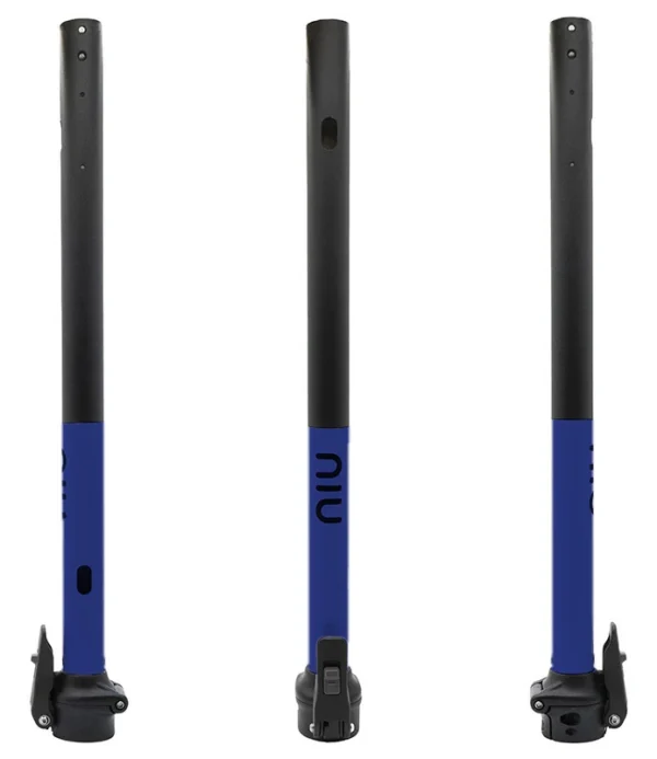 Mât de direction NIU KQi3 Sport bleu et noir vu de face et de profil, charnière de pliage en bas du tube