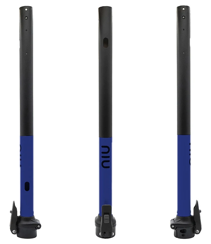Mât de direction NIU KQi3 Sport bleu et noir vu de face et de profil, charnière de pliage en bas du tube