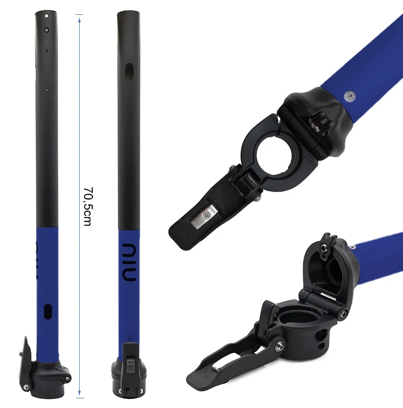Plan coté du mât NIU KQi3 Sport : 70,5 cm de longueur totale, gros plans sur la charnière