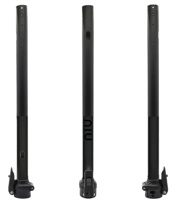 Mât de direction NIU KQi3 Sport noir vu de face et de profil, charnière de pliage en bas du tube