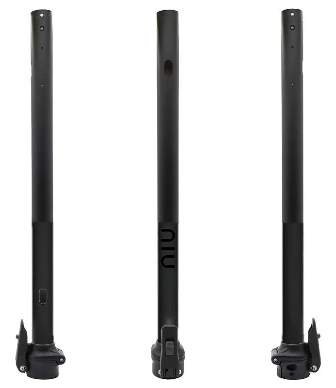 Mât de direction NIU KQi3 Sport noir vu de face et de profil, charnière de pliage en bas du tube