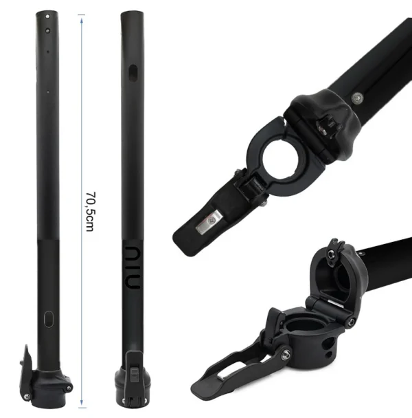 Plan coté du mât NIU KQi3 Sport noir : 70,5 cm de longueur totale et gros plans sur la charnière