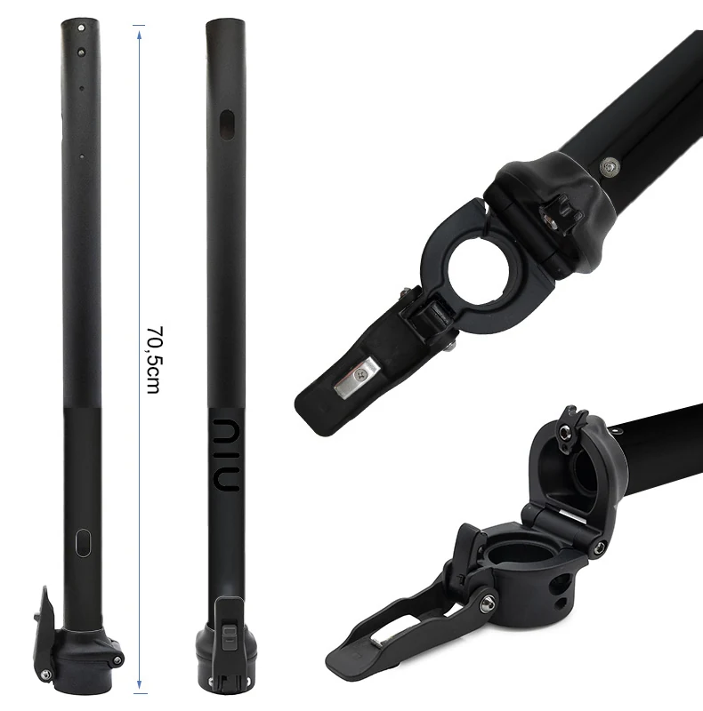 Plan coté du mât NIU KQi3 Sport noir : 70,5 cm de longueur totale et gros plans sur la charnière