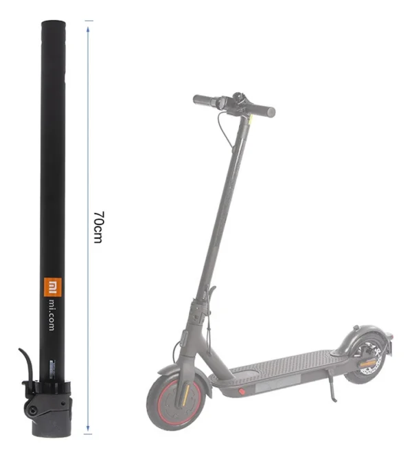 Plan du mât coté 70 cm, logo mi.com orange, à côté de la silhouette grisée d'une trottinette Plan du mât coté 70 cm, logo mi.com orange, à côté de la silhouette grisée d'une trottinette