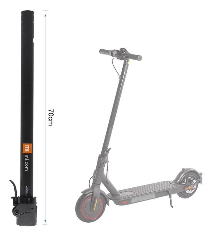 Plan du mât coté 70 cm, logo mi.com orange, à côté de la silhouette grisée d'une trottinette