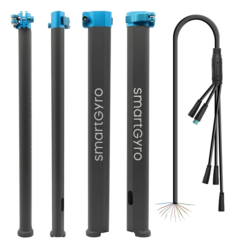 Mât de direction gris vu sous quatre angles, collier bleu en tête, et faisceau électrique à quatre connecteurs