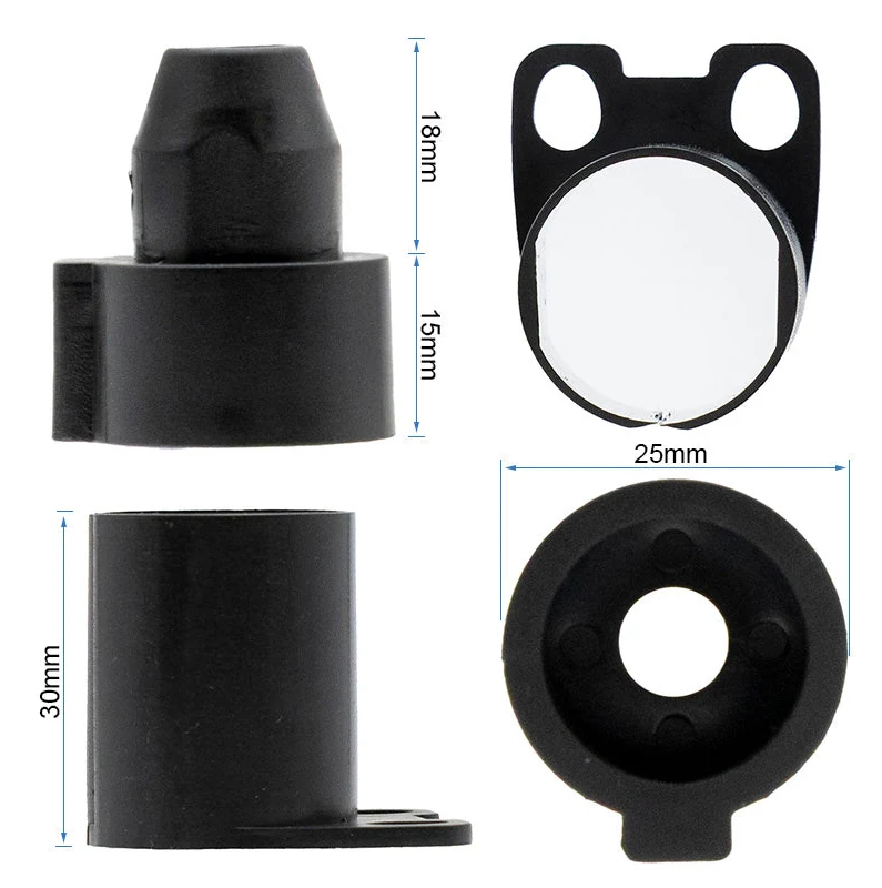 Vues cotées des petites pièces : embout de 18 et 15 mm, base de 25 mm, bague de 30 mm