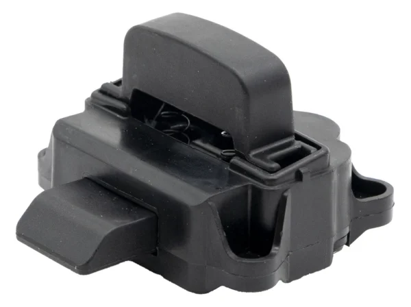 Bloc de verrouillage de pliage noir vu de trois quarts, loquet basculant relevé Bloc de verrouillage de pliage noir vu de trois quarts, loquet basculant relevé