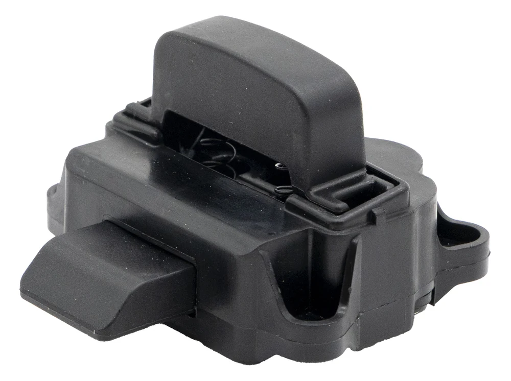 Bloc de verrouillage de pliage noir vu de trois quarts, loquet basculant relevé