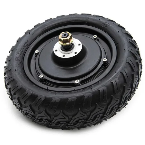 Moteur-roue arrière Ecoxtrem Bison, vue de trois-quarts avec flasque, axe et pneu monté