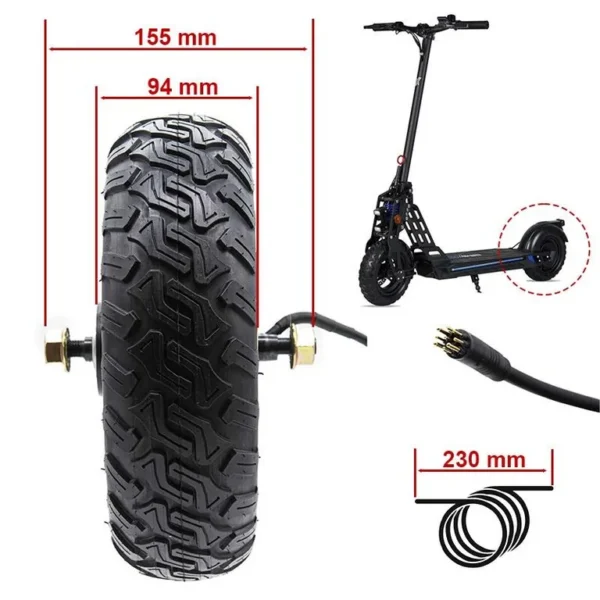 Moteur-roue arrière Ecoxtrem Bison, vue de face avec les cotes 155 mm, 94 mm et 230 mm indiquées par le schéma fournisseur