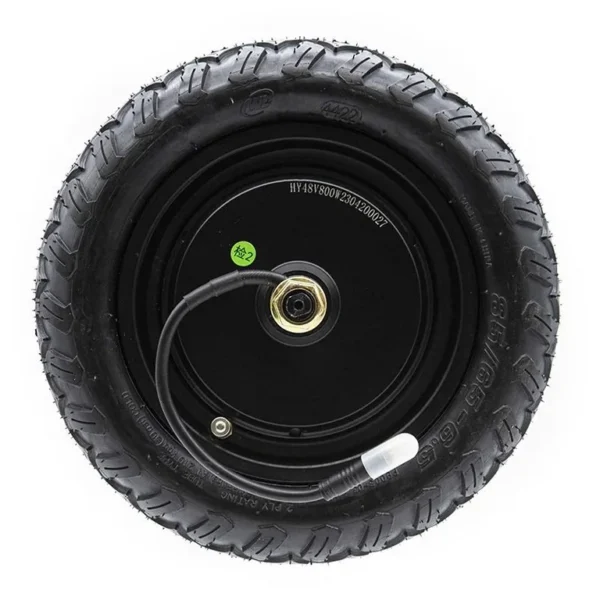 Moyeu du moteur-roue Ecoxtrem Bison, gravure HY48V800W lisible sur le flasque, flanc du pneu et valve