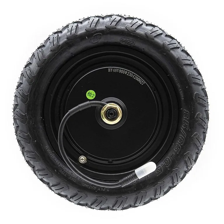 Moyeu du moteur-roue Ecoxtrem Bison, gravure HY48V800W lisible sur le flasque, flanc du pneu et valve