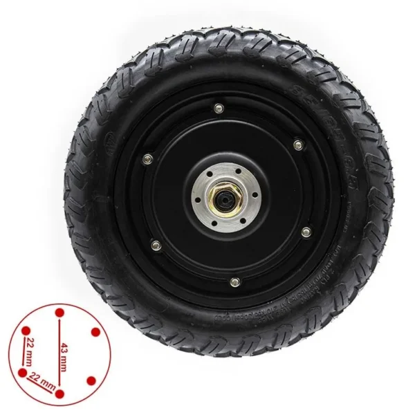 Moteur-roue arrière Ecoxtrem Bison, face opposée avec schéma de fixation du disque de frein : 6 trous, entraxe Ø 43 mm