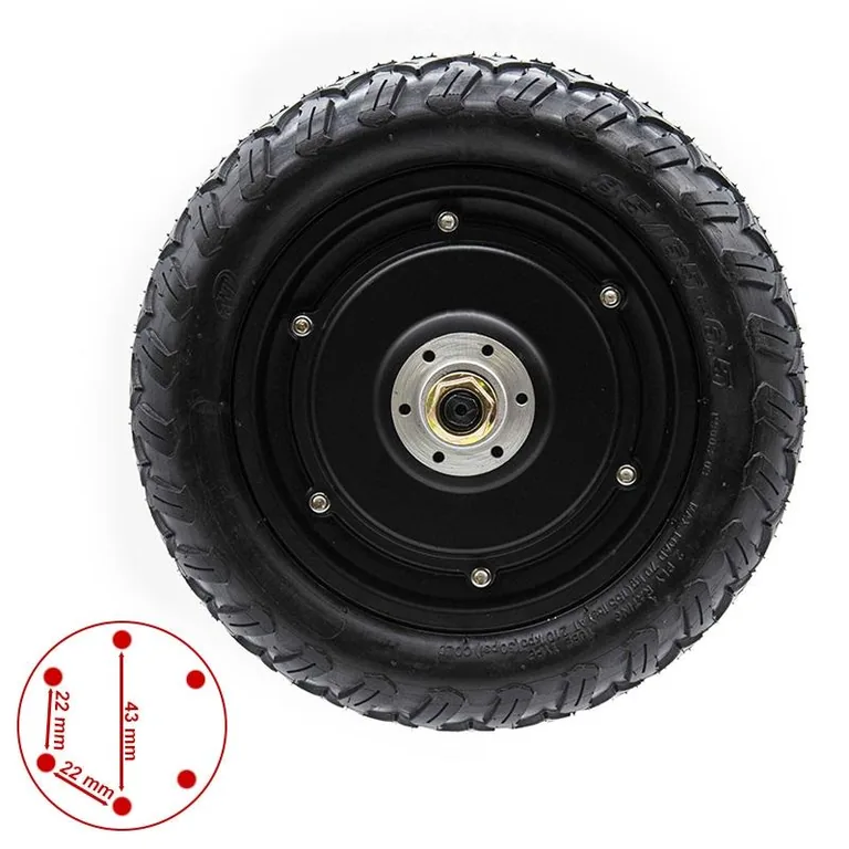 Moteur-roue arrière Ecoxtrem Bison, face opposée avec schéma de fixation du disque de frein : 6 trous, entraxe Ø 43 mm