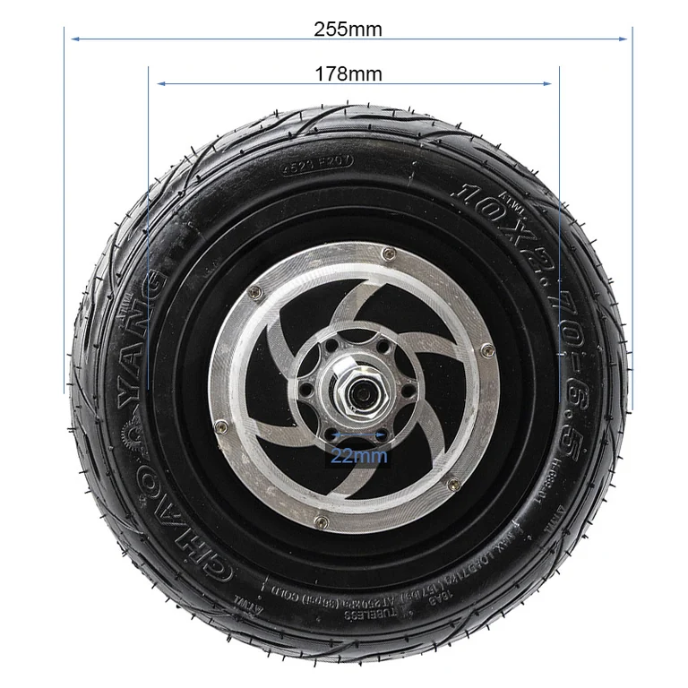 Plan coté du moteur-roue arrière Hikerboy Foxtrot Plus : 255 mm, entraxe 172 mm