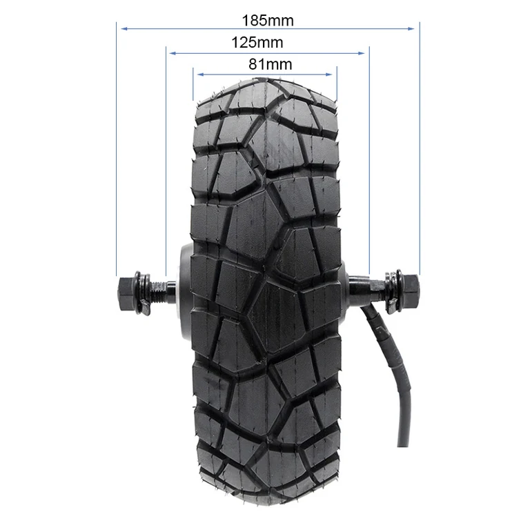 Moteur-roue avant Ecoxtrem M41 Tank Dual coté : 185 mm hors tout, 125 mm entre portées, pneu de 81 mm