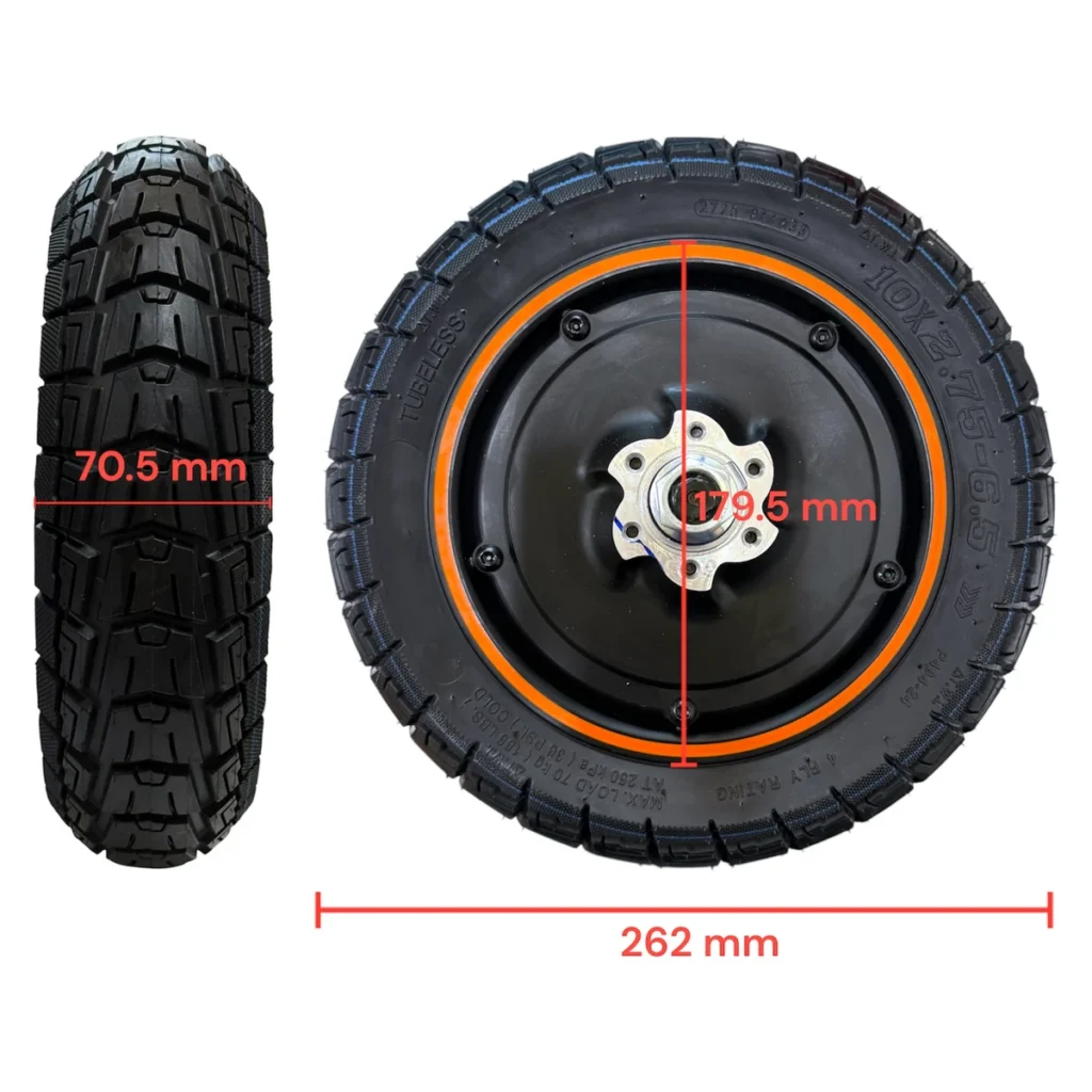 Cotes du moteur-roue Kukirin G3 : 262 mm de diamètre, 70,5 mm de largeur