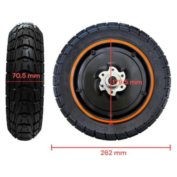 Cotes du moteur-roue Kukirin G3 : 262 mm de diamètre, 70,5 mm de largeur Cotes du moteur-roue Kukirin G3 : 262 mm de diamètre, 70,5 mm de largeur