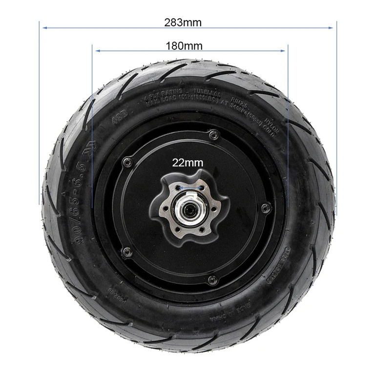 Moteur-roue Kukirin G4 coté : 283 mm de diamètre hors tout, 180 mm de jante, moyeu de 22 mm