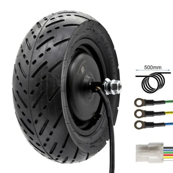 Moteur-roue Kukirin G4 avec son faisceau de 500 mm, ses trois cosses de phase et son connecteur à six voies Moteur-roue Kukirin G4 avec son faisceau de 500 mm, ses trois cosses de phase et son connecteur à six voies